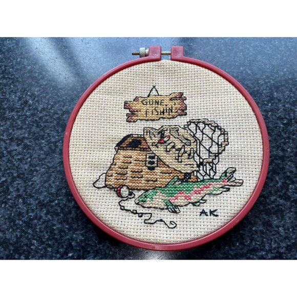 Vtg Cross Stitch "Gone Fish'n Handmade & "The Perfect Catch" Ornament Fishing - Picture 2 of 9